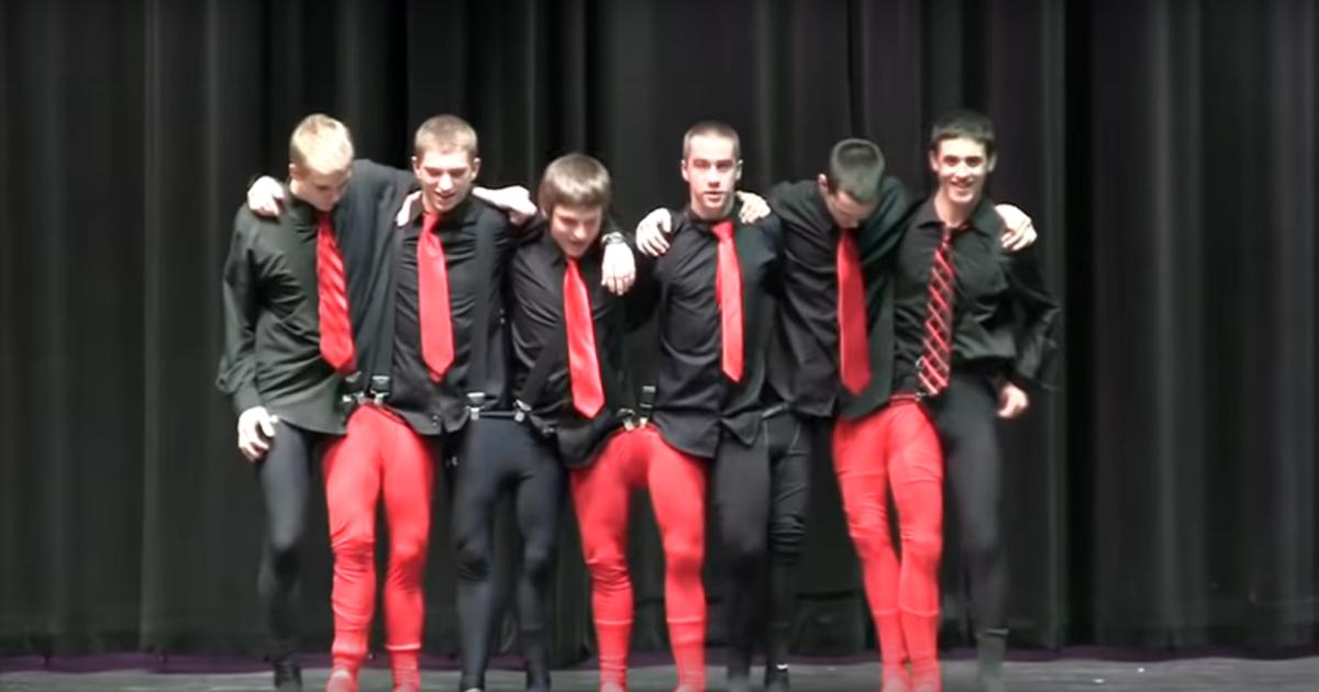 Teen Boys In Red And Black Tights Perform Optical Illusion Dance For Talent Show